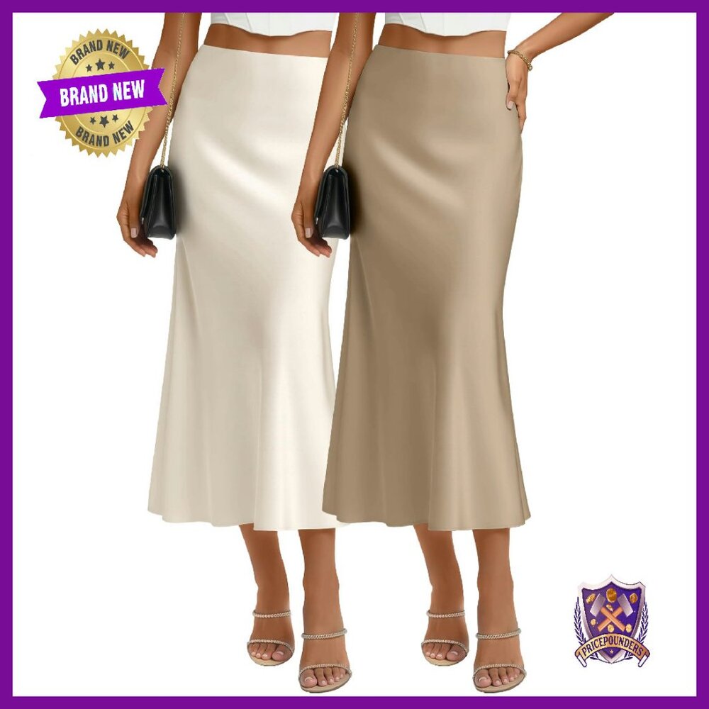 Satin Midi Skirt Set Hidden Elastic Waist Flowy A-Line Long Skirts